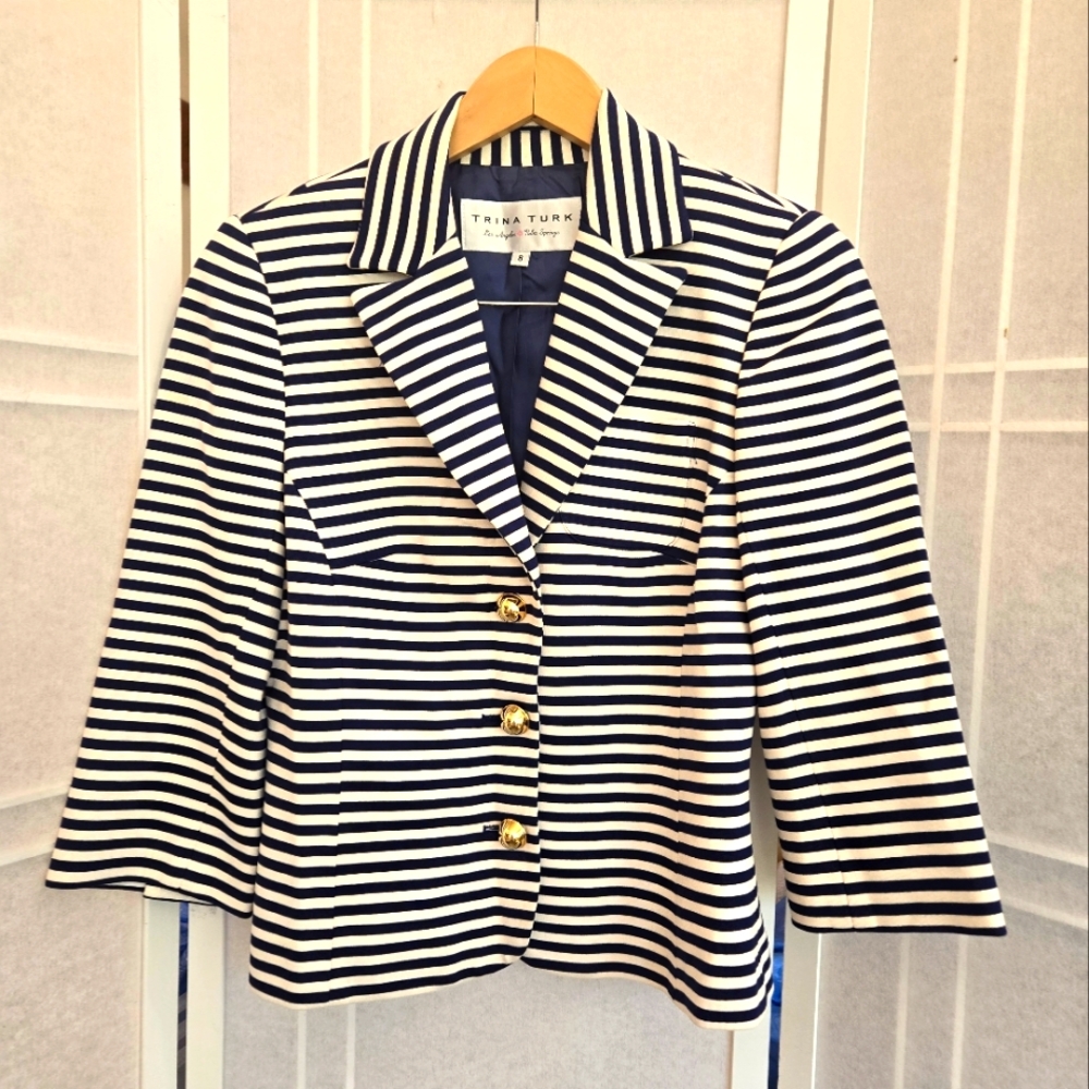 TRINA TURK white blue striped blazer gold buttons